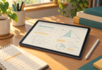 Conceptual illustration of an unbranded tablet showing handwritten lines and geometry sketches on a study desk, with a stylus and notebook nearby.