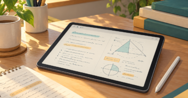 Conceptual illustration of an unbranded tablet showing handwritten lines and geometry sketches on a study desk, with a stylus and notebook nearby.