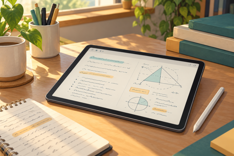 Conceptual illustration of an unbranded tablet showing handwritten lines and geometry sketches on a study desk, with a stylus and notebook nearby.