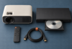Conceptual illustration of an unbranded projector beside a separate DVD player with an open disc tray, a remote, and an HDMI cable.