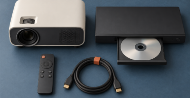 Conceptual illustration of an unbranded projector beside a separate DVD player with an open disc tray, a remote, and an HDMI cable.