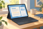 Conceptual illustration of an unbranded tablet on a stand with a detachable keyboard and trackpad on a desk.