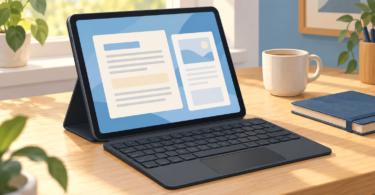 Conceptual illustration of an unbranded tablet on a stand with a detachable keyboard and trackpad on a desk.