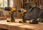 Conceptual illustration of an unbranded cordless drill and impact driver on a workbench beside two detached batteries and a tool bag.
