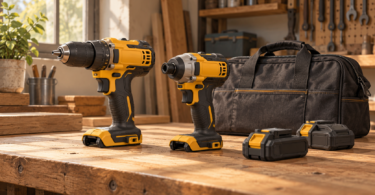 Conceptual illustration of an unbranded cordless drill and impact driver on a workbench beside two detached batteries and a tool bag.