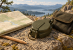 Conceptual illustration of a closed olive-green compass beside a folded map, pencil and fabric pouch on a rocky overlook.