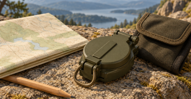 Conceptual illustration of a closed olive-green compass beside a folded map, pencil and fabric pouch on a rocky overlook.