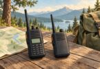 Conceptual illustration of two unbranded handheld radios beside a folded map and backpack on a wooden outdoor table.