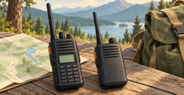 Conceptual illustration of two unbranded handheld radios beside a folded map and backpack on a wooden outdoor table.