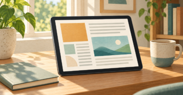 Illustration of a generic tablet with an abstract reading page beside a notebook and mug on a sunlit desk.
