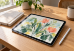 An unbranded tablet displaying a colorful botanical sketch, with a stylus and closed notebook on a wooden table
