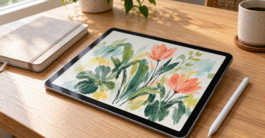 An unbranded tablet displaying a colorful botanical sketch, with a stylus and closed notebook on a wooden table