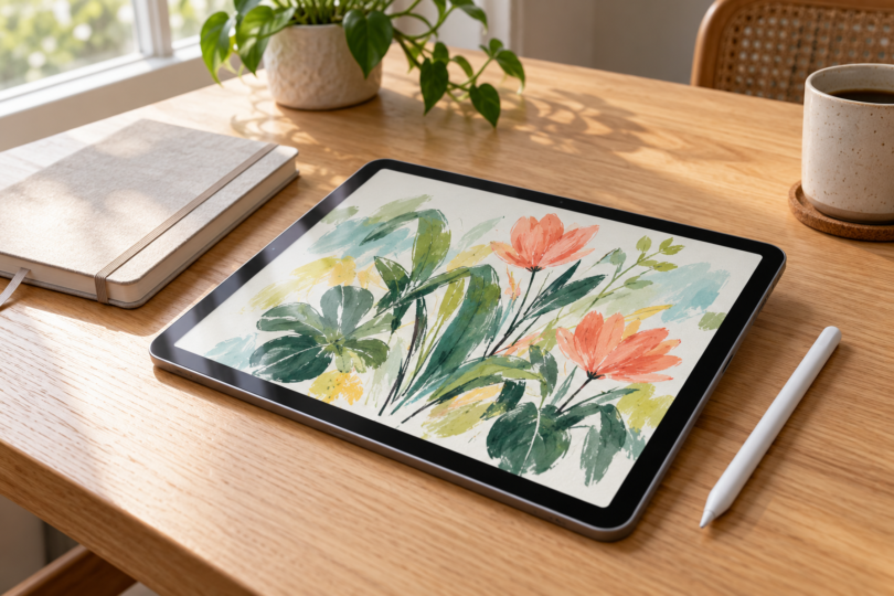 An unbranded tablet displaying a colorful botanical sketch, with a stylus and closed notebook on a wooden table