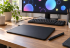 An unbranded screenless graphics tablet and stylus on a desk below a monitor displaying abstract colored circles