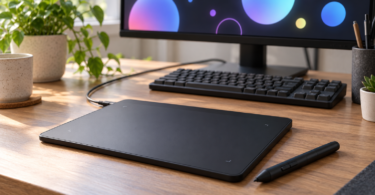 An unbranded screenless graphics tablet and stylus on a desk below a monitor displaying abstract colored circles