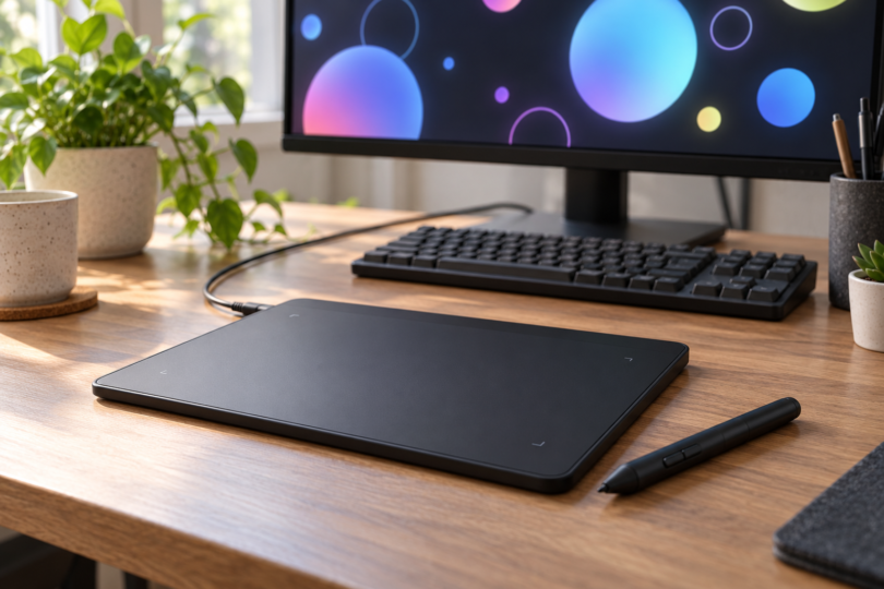 An unbranded screenless graphics tablet and stylus on a desk below a monitor displaying abstract colored circles