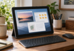 An unbranded tablet on a desk stand with abstract application windows, a keyboard and a mouse