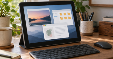 An unbranded tablet on a desk stand with abstract application windows, a keyboard and a mouse
