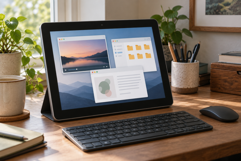 An unbranded tablet on a desk stand with abstract application windows, a keyboard and a mouse