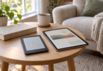 An unbranded e-reader and tablet on a wooden side table beside a closed book and a mug