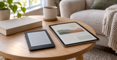 An unbranded e-reader and tablet on a wooden side table beside a closed book and a mug