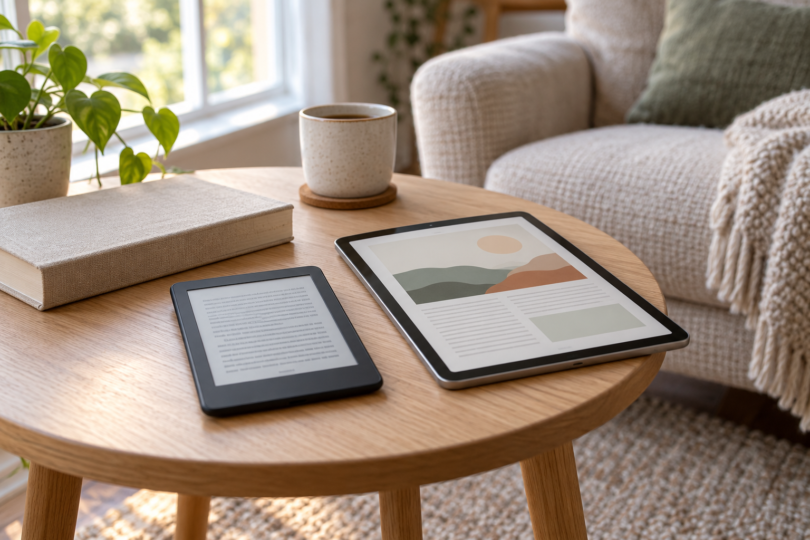 An unbranded e-reader and tablet on a wooden side table beside a closed book and a mug