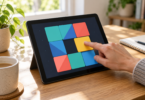 A hand touching a yellow tile in an invented geometric puzzle on an unbranded tablet