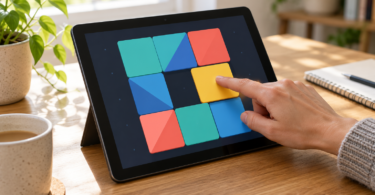 A hand touching a yellow tile in an invented geometric puzzle on an unbranded tablet
