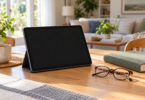 An unbranded tablet with a dark screen in a folio stand on a table beside reading glasses and a closed book