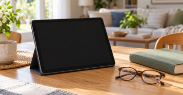 An unbranded tablet with a dark screen in a folio stand on a table beside reading glasses and a closed book