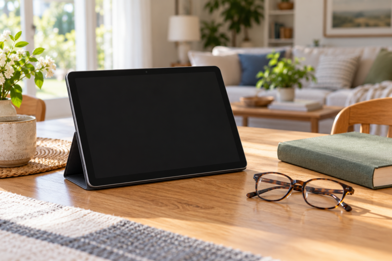 An unbranded tablet with a dark screen in a folio stand on a table beside reading glasses and a closed book