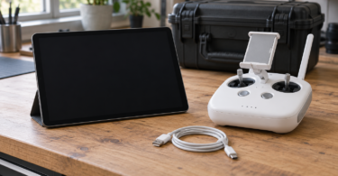 An unbranded tablet with a dark screen beside a white radio controller and coiled USB cable on a workbench