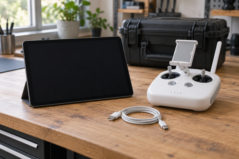 An unbranded tablet with a dark screen beside a white radio controller and coiled USB cable on a workbench