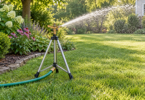Generic tripod sprinkler spraying a lawn beside a planted garden border