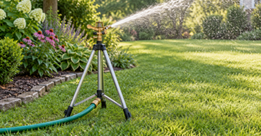 Generic tripod sprinkler spraying a lawn beside a planted garden border