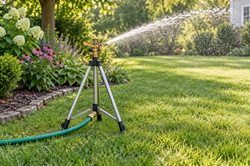 Generic tripod sprinkler spraying a lawn beside a planted garden border