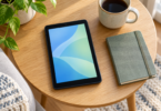 An unbranded small tablet with a blue and green screen beside a closed notebook and a ceramic mug