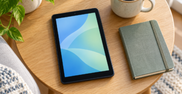 An unbranded small tablet with a blue and green screen beside a closed notebook and a ceramic mug