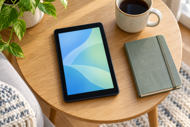An unbranded small tablet with a blue and green screen beside a closed notebook and a ceramic mug
