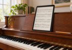 An unbranded tablet displaying a page of sheet music on the music rest of a wooden upright piano