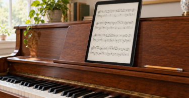An unbranded tablet displaying a page of sheet music on the music rest of a wooden upright piano