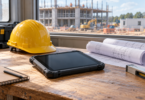 An unbranded rugged tablet with a dark screen on a workbench beside rolled plans and a yellow hard hat