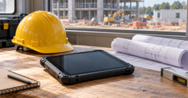 An unbranded rugged tablet with a dark screen on a workbench beside rolled plans and a yellow hard hat