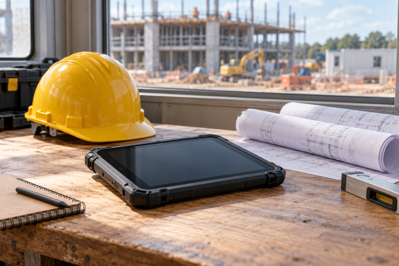 An unbranded rugged tablet with a dark screen on a workbench beside rolled plans and a yellow hard hat