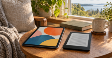 An unbranded color tablet and a smaller e-reader on a wooden table beside a closed book