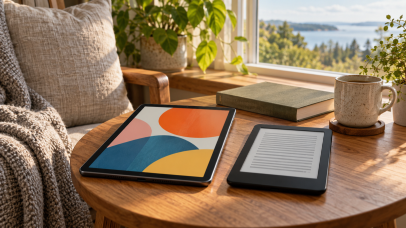An unbranded color tablet and a smaller e-reader on a wooden table beside a closed book