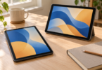 Two unbranded tablets with blue and gold screens on a wooden desk beside a notebook and pencil
