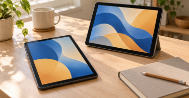 Two unbranded tablets with blue and gold screens on a wooden desk beside a notebook and pencil