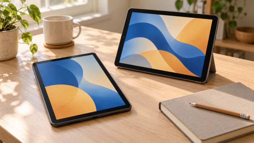 Two unbranded tablets with blue and gold screens on a wooden desk beside a notebook and pencil