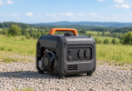 An unbranded portable generator standing unplugged on level gravel in an open field